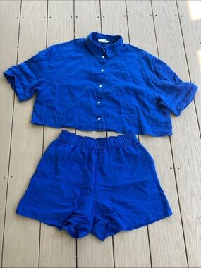 H&M Cobalt Blue Women's Linen Shirt & Shorts Set
